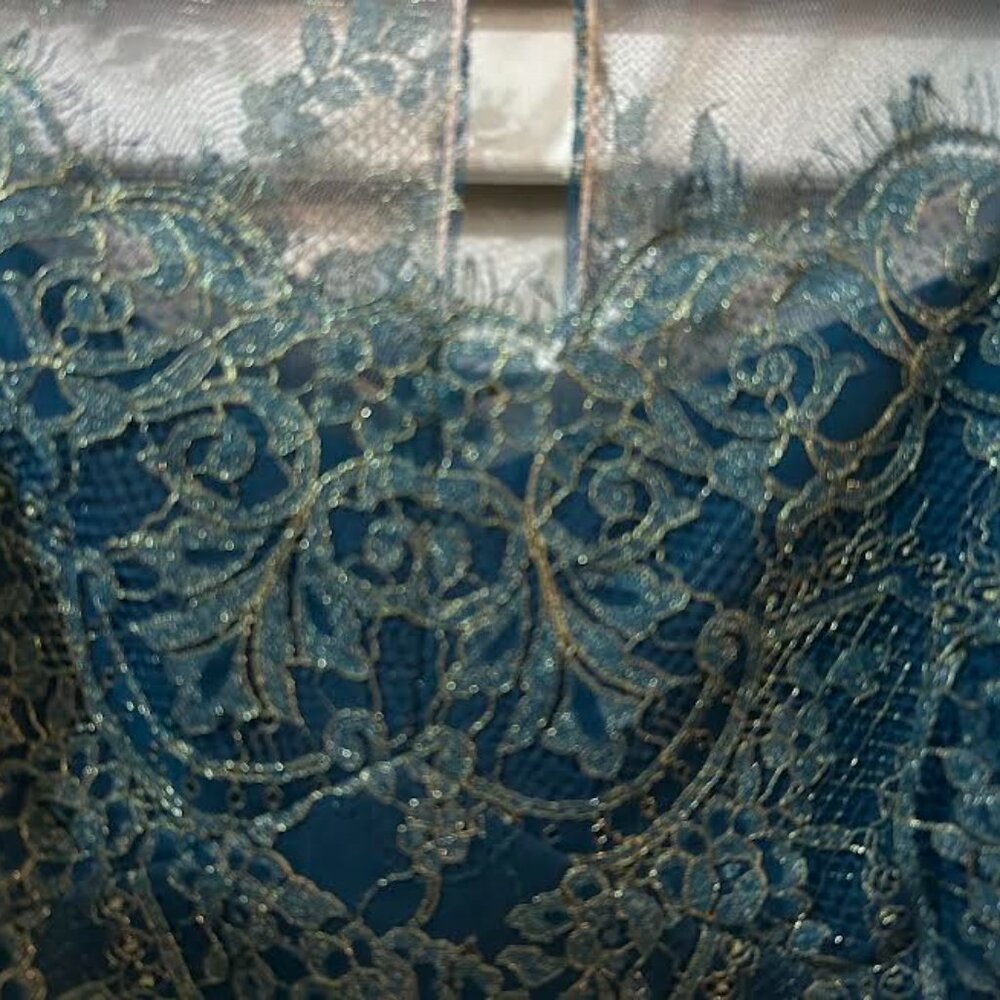 Incredible Marchesa Notte Sheath Eyelash Teal Lace Cocktail Dress - Picture 9 of 14